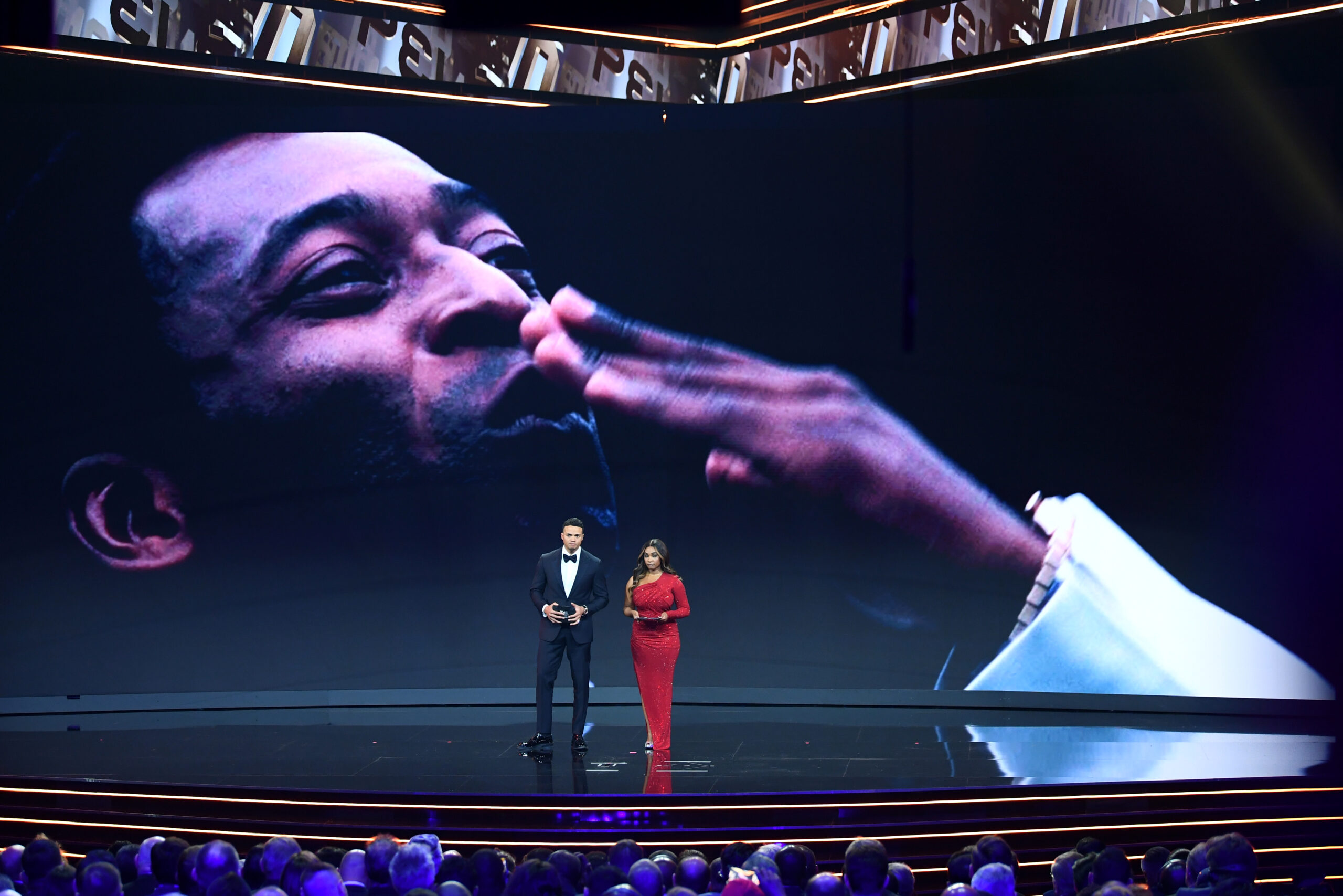 PARIS, FRANCE - FEBRUARY 27: Jermaine Jenas and Samantha Johnson speak to the audience during The Best FIFA Football Awards 2022 on February 27, 2023 in Paris, France. (Photo by Joe Maher - FIFA/FIFA via Getty Images)