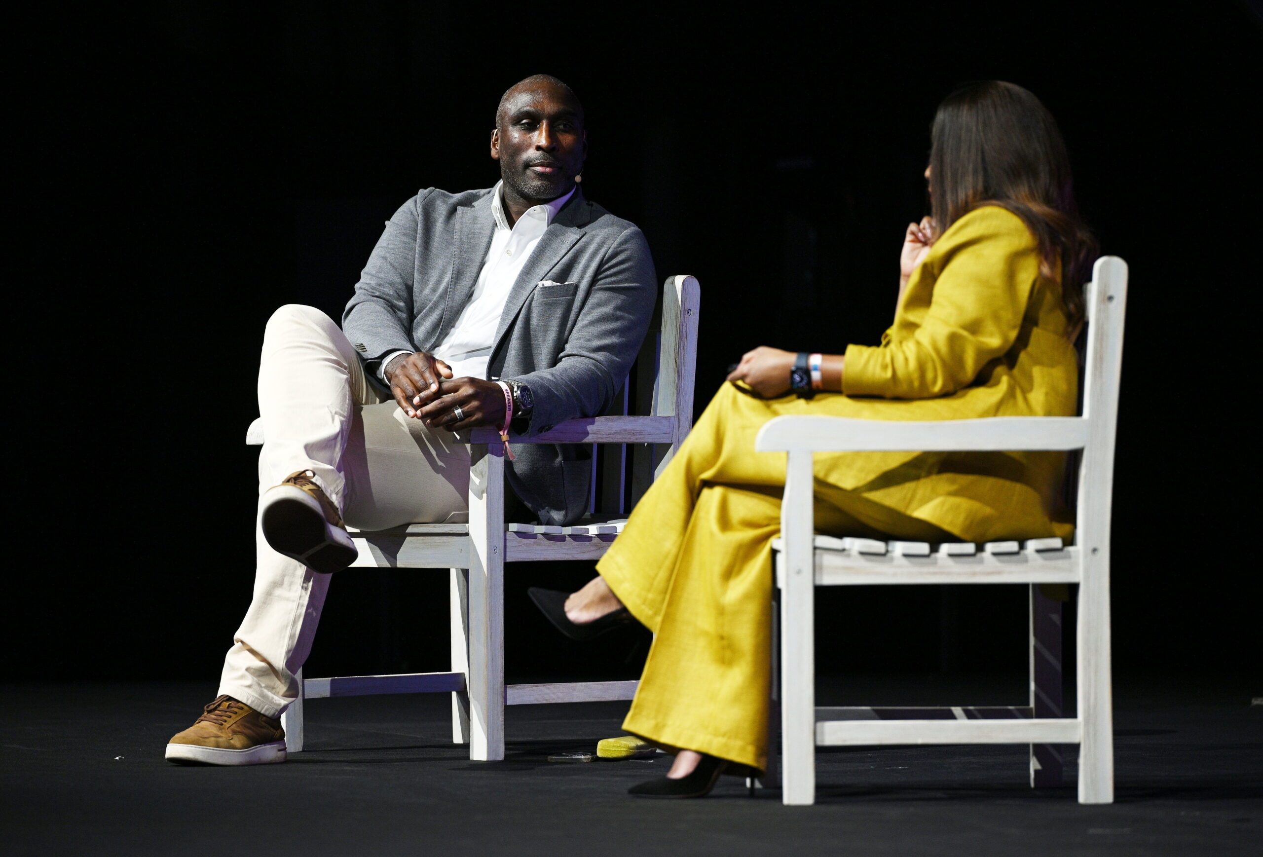 14 November 2023; Sol Campbell, Former Footballer, Arsenal & England; left, and Samantha Johnson, Presenter & Journalist, Al Jazeera; on SportsTrade Stage during day one of Web Summit 2023 at the Altice Arena in Lisbon, Portugal. Photo by Lukas Schulze/Web Summit via Sportsfile