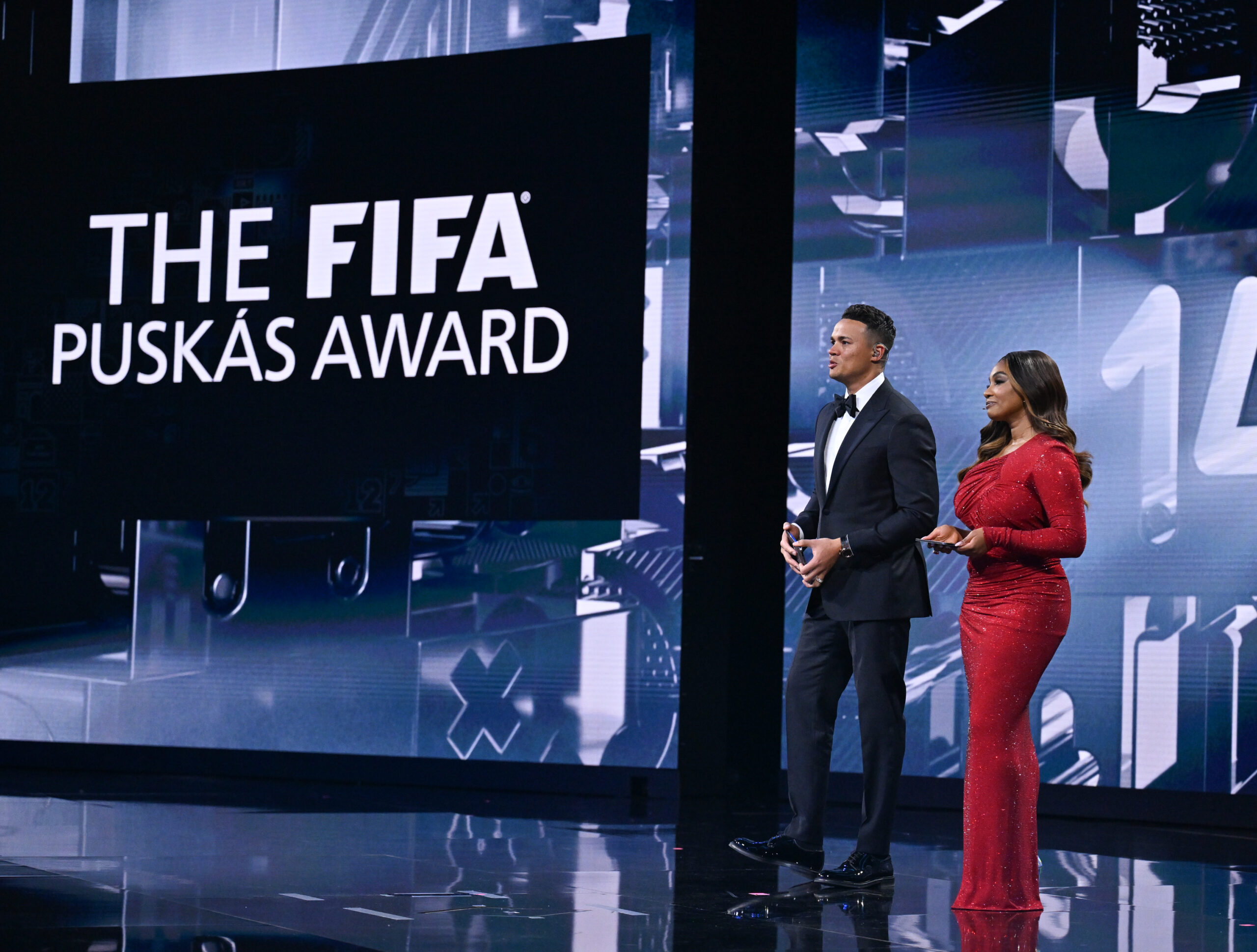 PARIS, FRANCE - FEBRUARY 27: Presenters Jermaine Jenas
 (L) and Samantha Johnson (R) during The Best FIFA Football Awards 2022 at Salle Pleyel on February 27, 2023 in Paris, France. (Photo by Harold Cunningham/FIFA)